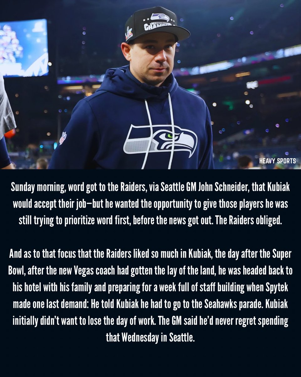 Klint Kubiak and the Raiders process 

- Klint was “conflicted” with interviewing during the Seahawks playoff run.

During his 2nd interview he told LVR, “I owe everything to these players.”

- SUN, FEB 1st, John Schneider told the Raiders that Kubiak would accept the job.