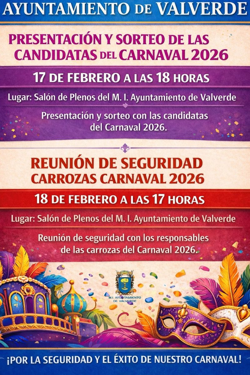 Valverde presenta este martes las candidatas del Carnaval 2026 y celebra el miércoles la reunión de seguridad de las carrozas - El Hierro Bimbache elhierrobimbache.es/valverde-prese…