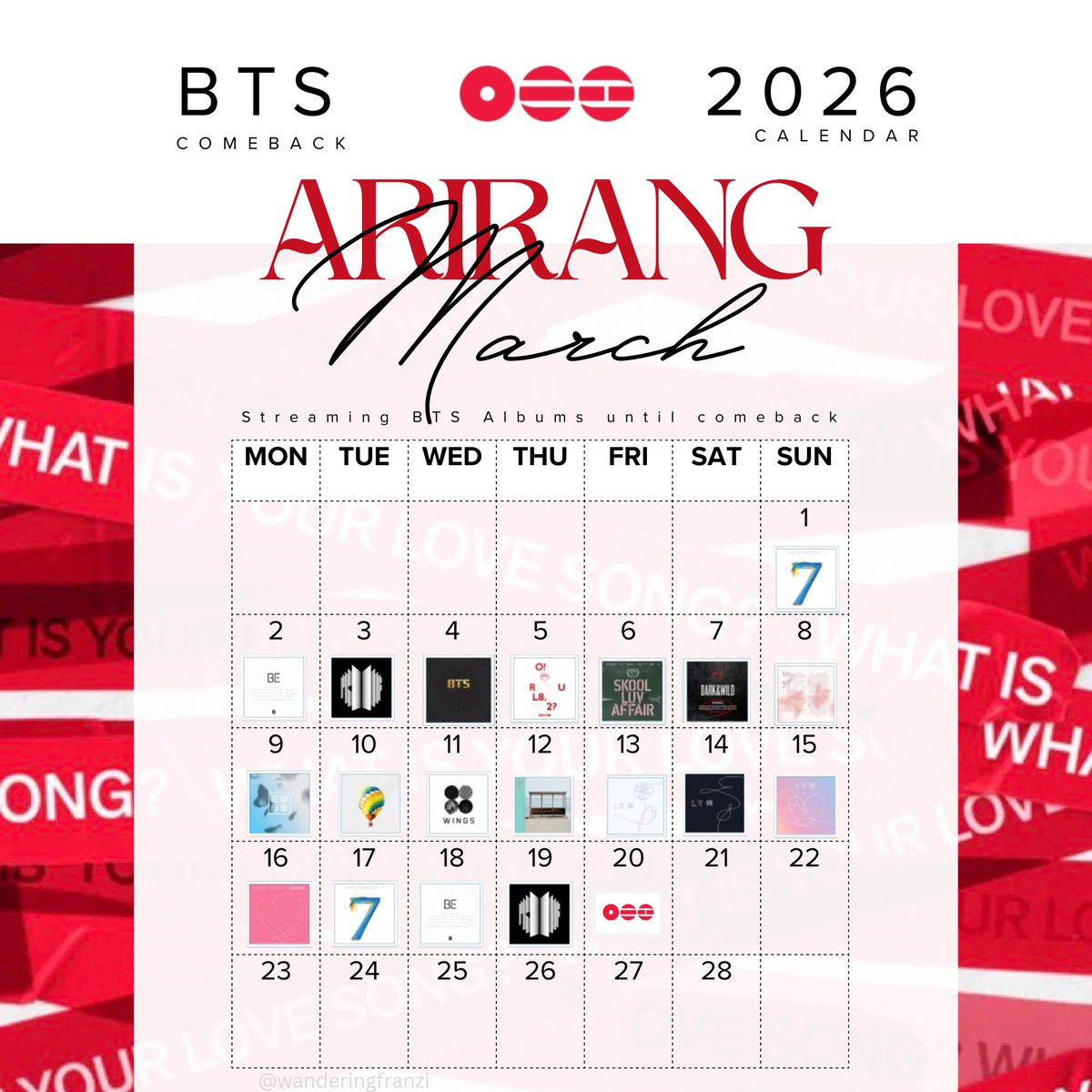 Some fun streaming leading up to comeback

Square versions
Feel free to spread 💜

#BTSComeback2026 
#ARIRANG