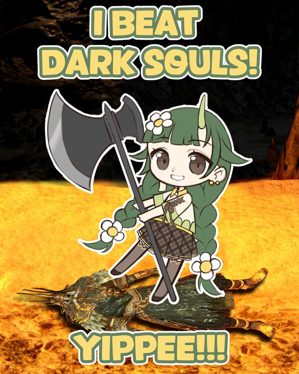 I can't believe it but today on stream I beat Gwyn!! 🌼 🎉 
It was my first time playing a souls game and I'm so happy I got to experience it with all of you!
I'm definitely not done playing souls games yet so please look forward to the next one... NEXT WEEK! 🩷
