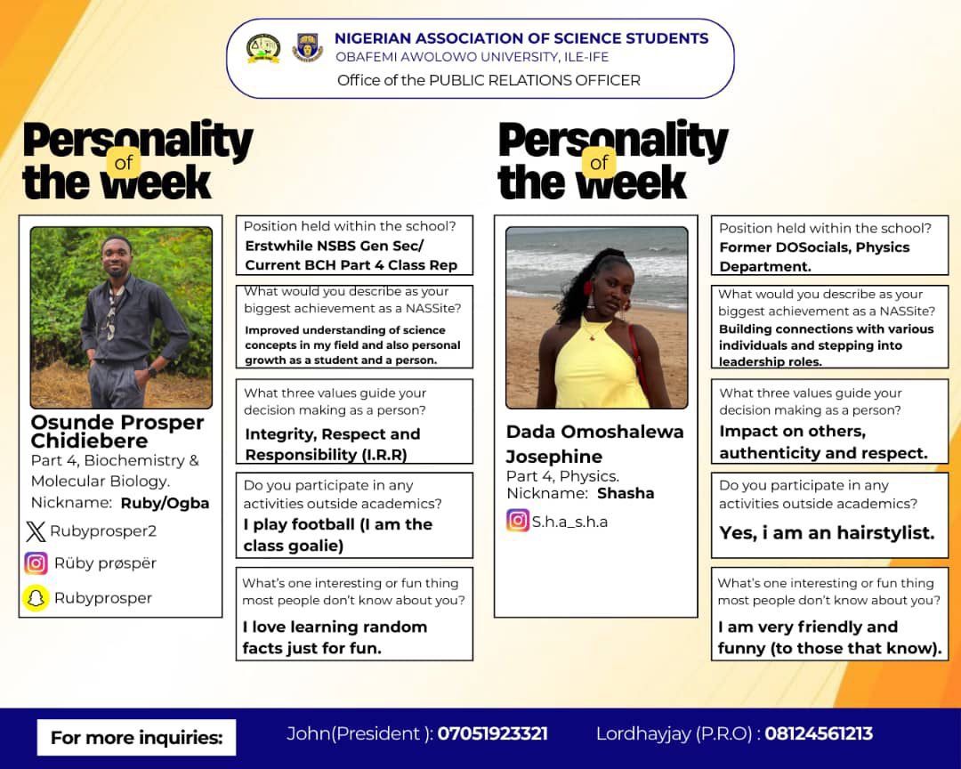 nass_oau's tweet photo. This week personality of the week 

This week, we spotlight two outstanding NASSites who continue to inspire with their dedication, achievements, and unique personalities 💫

@Rubyprosper2 &amp; @Shasha

#NASSOAU #PersonalityOfTheWeek #CelebratingExcellence https://t.co/FXqqZc9RKd