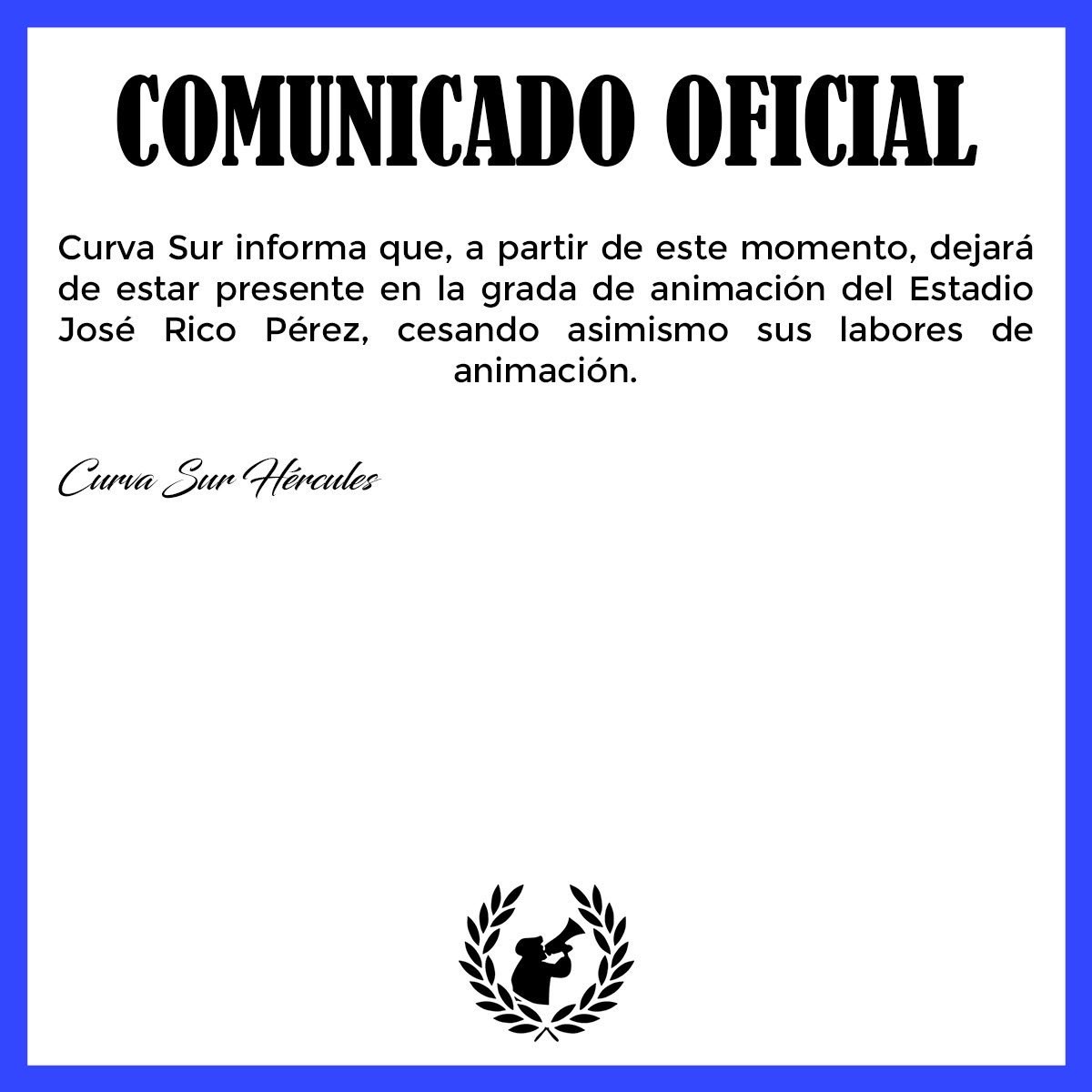 📣 La <a href="/CurvaSur2008/">Curva Sur Hércules</a> del Hércules anuncia que deja de pertenecer a la Grada de animación del club y cesa sus labores de animación. 

Cuando se está más preocupado de lo que sucede en la grada que de la gestión de un club el desenlace nunca suele ser favorable.