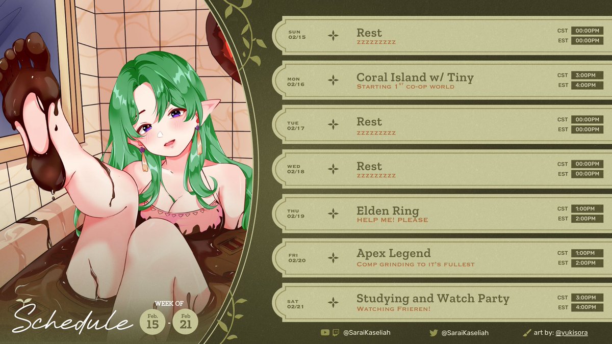 Lmao I forgot to post my schedule yesterday! Here it is!
Also Happy Late Valentines Day! Here's some feet for you guys XD

Lovely art done by <a href="/YukSoraaa/">Yuki 🌸</a> /@ yukisora on vgen!