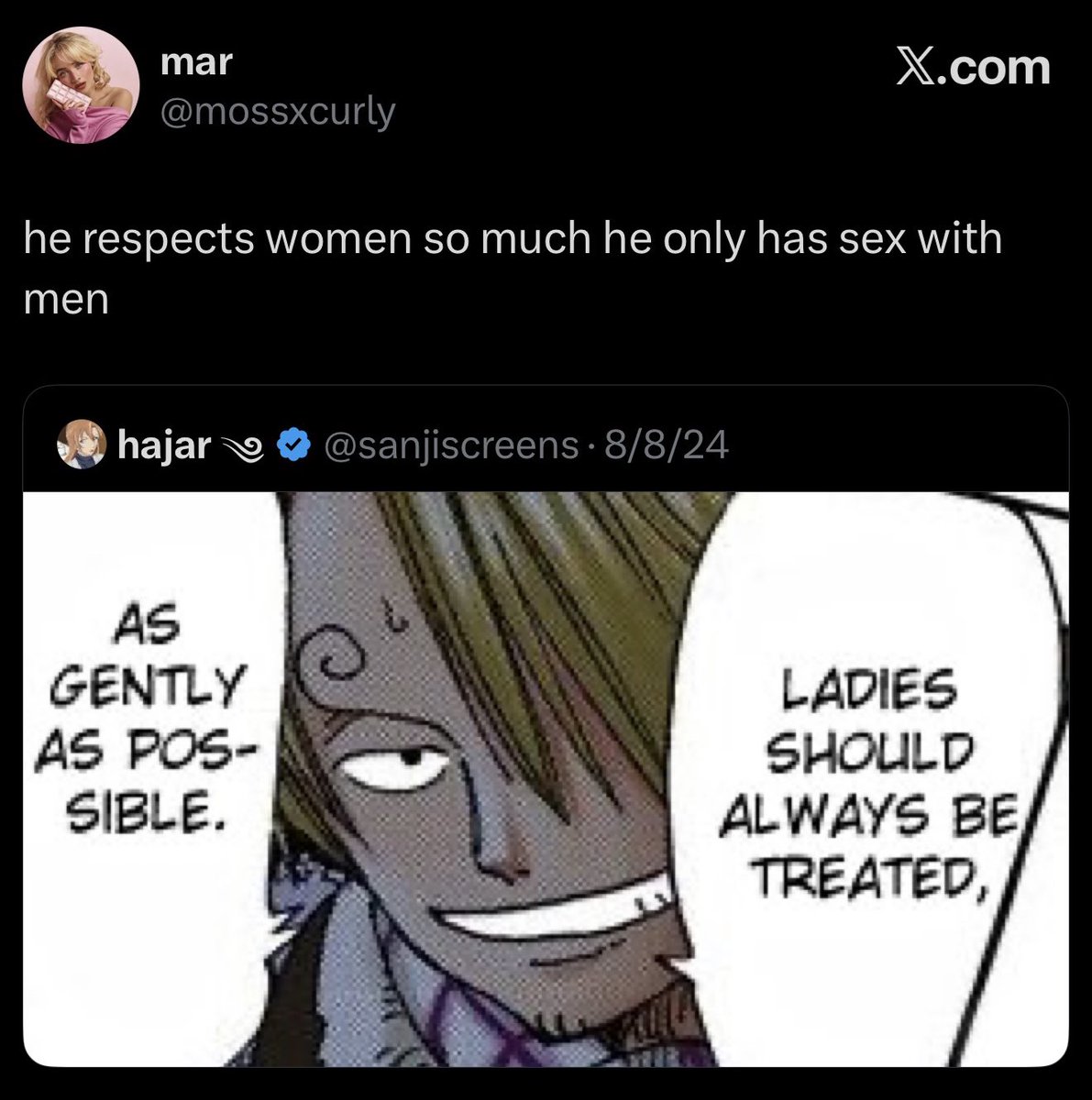 let’s not forget that sanji takes dicks in the ass for the sake of women, a true feminist