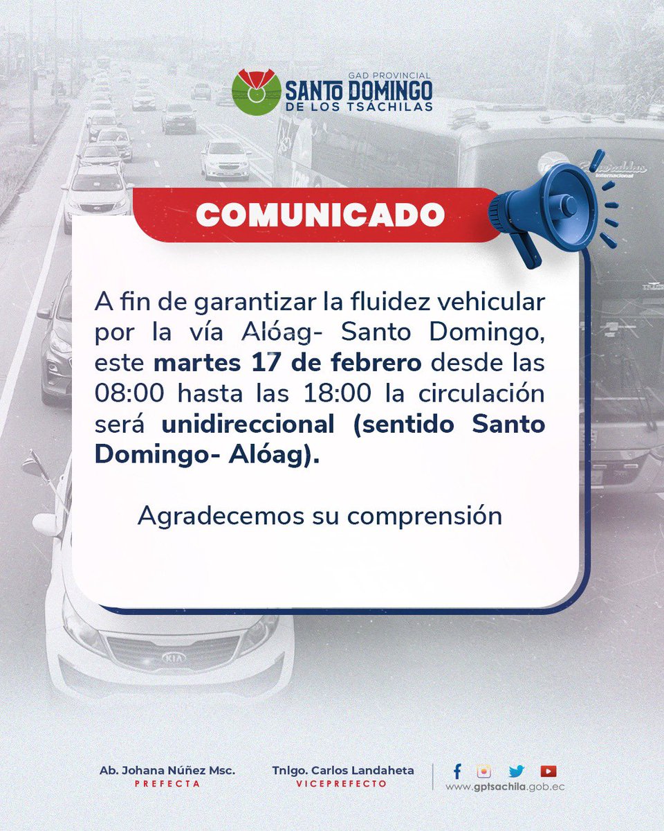 🚨 Importante #PlanRetorno 
🛣️ Vía Alóag- Santo Domingo 
 
👉🏻Vehículos Pesados deberán tomar rutas alternas, esta medida, solicitada por los integrantes del Puesto de Mando Unificado (PMU), se llevará a cabo desde las 08:00 hasta las 18:00 del martes 17 de febrero de 2026.