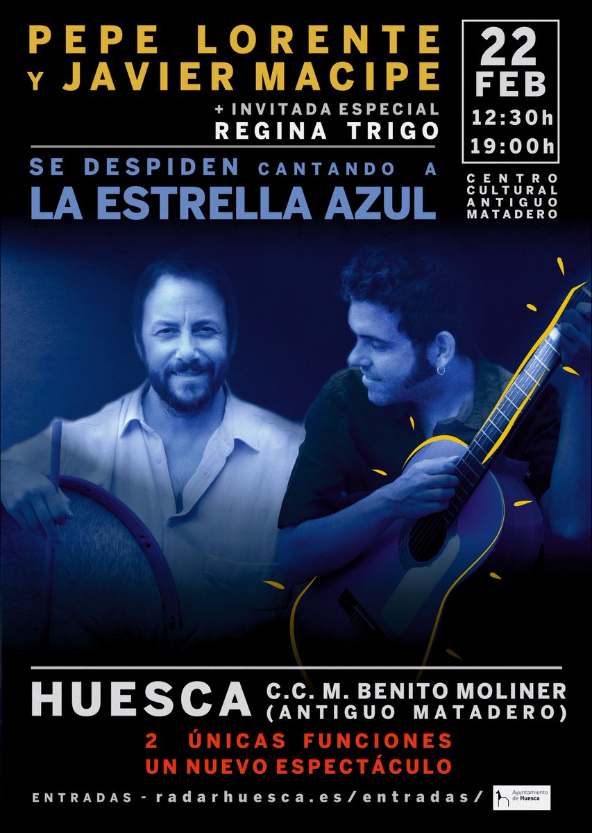 🎸​ "Cantando a La estrella azul, la despedida" llega este domingo con dos conciertos 🎶​ Javier Macipe y Pepe Lorente compartirán con el público historias, emociones y anécdotas de sus viajes

🎙️​ La jotera Regina Trigo será la invitada especial

🎟️​ radarhuesca.es/eventos/cantan…