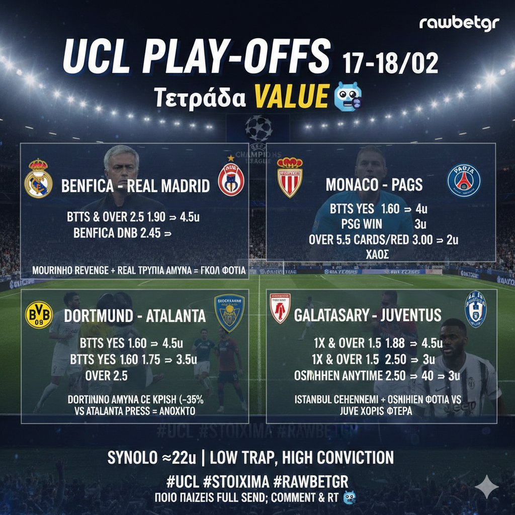 RawBetGr's tweet photo. #UCL #ChampionsLeague #Stoixima #PameStoixima #BettingTips #Predictions #FootballPredictions #UCLPlayoffs #BettingCommunity #ValueBet #RawBetGr https://t.co/qv6TVBFJ3b