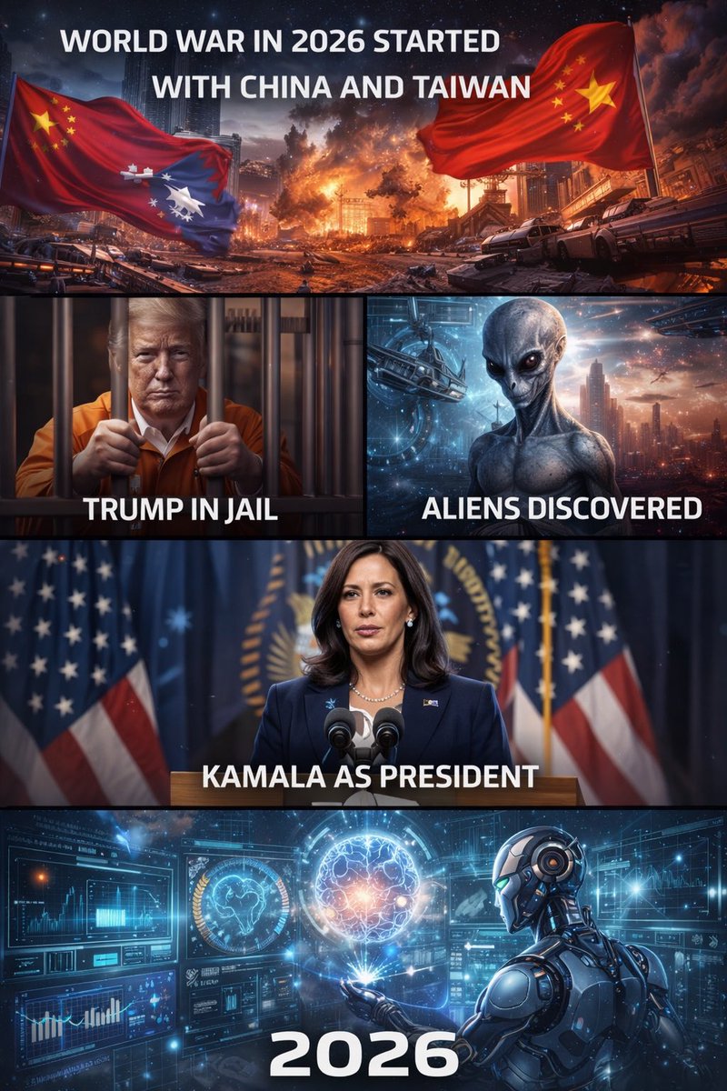 fuddugalla's tweet photo. World War in 2026 started with China and Taiwan
Trump in Jail
Aliens discovered 
Kamala as President 
AI on peak?

2026 https://t.co/LoUaxZlhB6