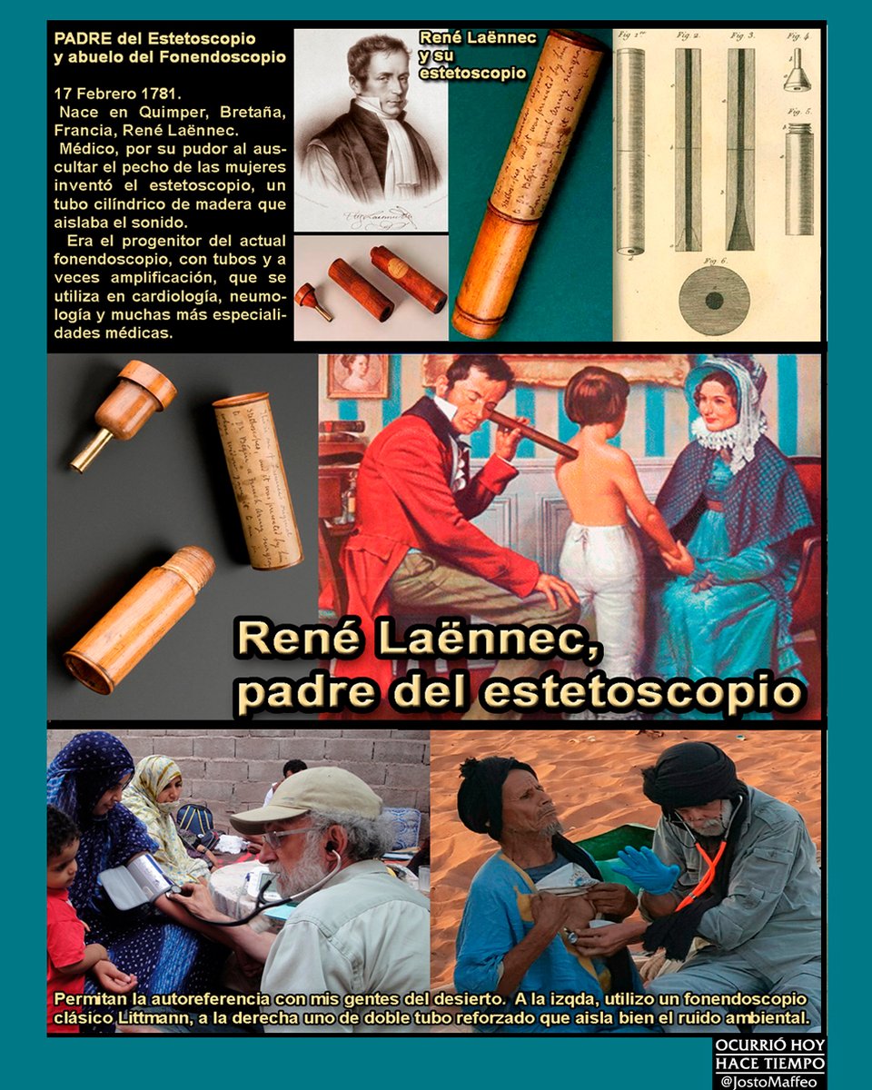 JostoMaffeo's tweet photo. 🩺 EL PADRE del Estetoscopio, abuelo del Fonendoscopio.
17 Febrero 1781.
Nace en #Francia René #Laënnec.
Médico, por pudor en auscultar a mujeres, crea el #estetoscopio, tubo que permite aislar sonidos.
Precede al actual #fonendoscopio, con tubos y hasta amplificación. https://t.co/X6gAXG8t3g