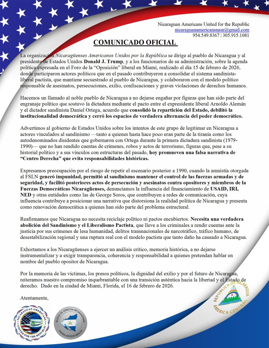 🚨📄| #ComunicadoOficial La organización Nicaragüenses Americanos Unidos por la República, se dirigen a la opinión pública en representación de nicaragüenses estadounidenses, exiliados y opositores dentro y fuera de Nicaragua, sobre el foro de la “Oposición” liberal en Miami, FL.