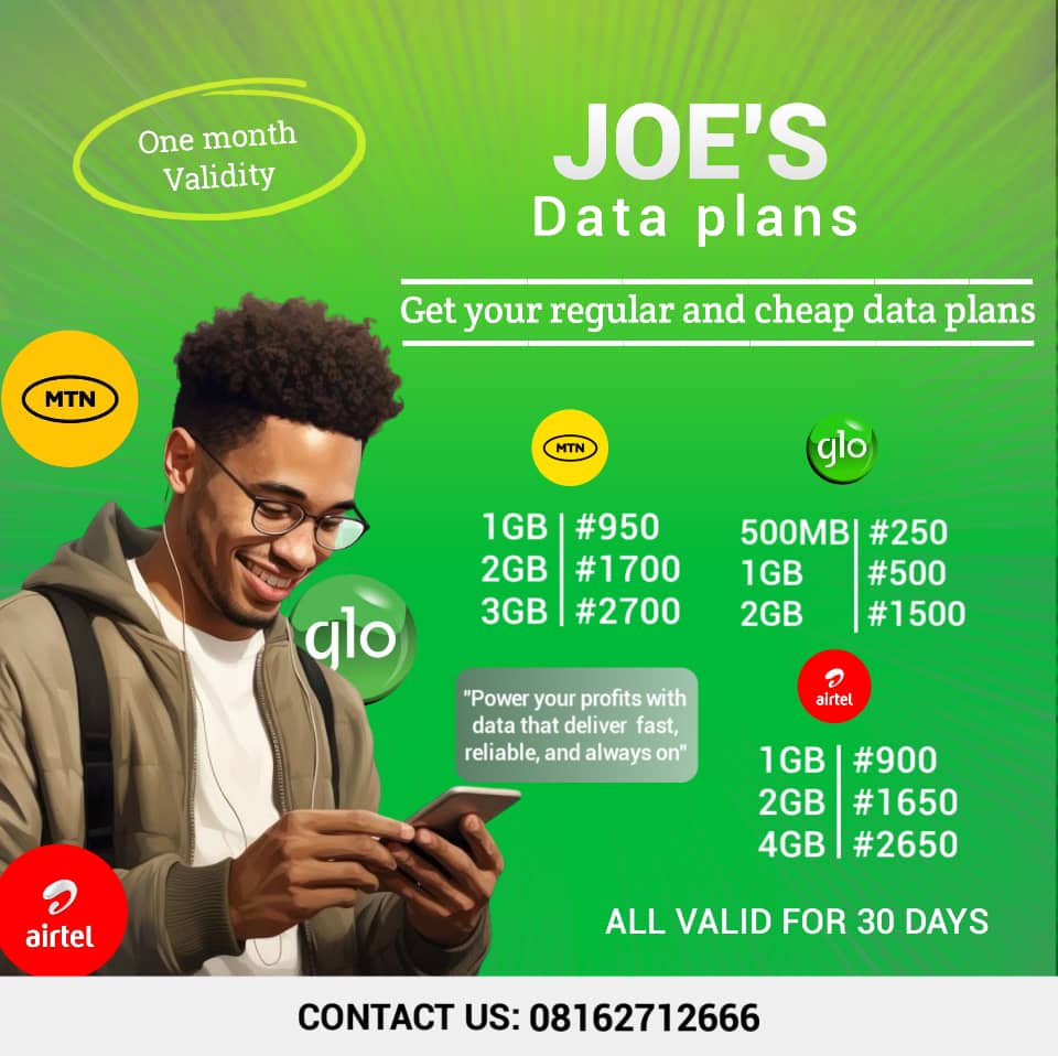 "Day 15day grind: Still hooking folks up with super affordable data!
Why pay more when Joe's has:
1GB MTN ₦950 | 2GB Glo ₦1500 | 1GB Airtel ₦900
Cheaper, reliable, 30 days! From Abuja with love ❤️
Who's ready to save? DM/WhatsApp 0816262712666
#30DaysOfWhatIDo #bwb30Challenge