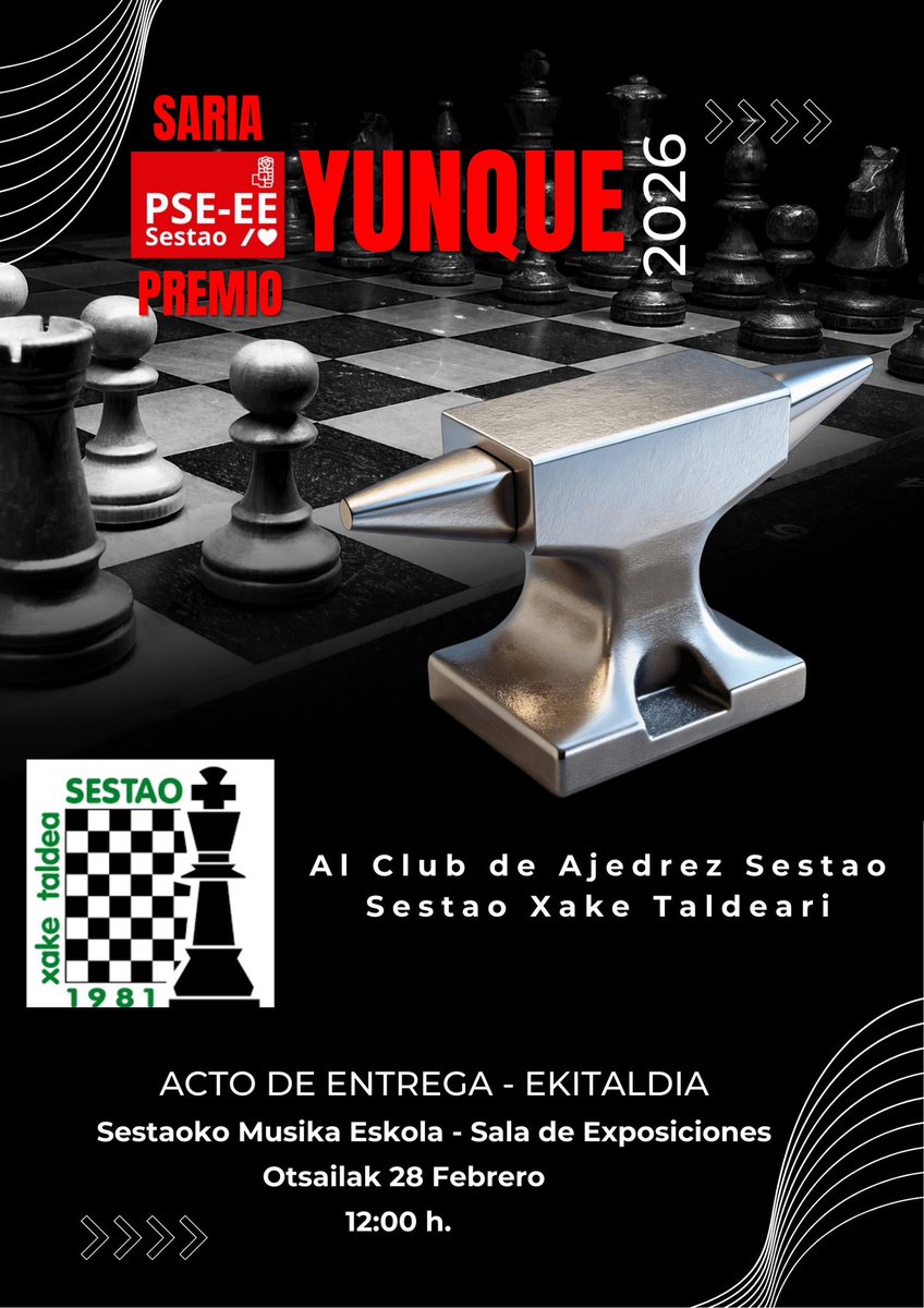 Este año 2026 el Premio Yunque del Pse #Sestao, que reconoce a las personas o grupos que trabajan por el bien de la ciudadanía, se ha concedido al Club Ajedrez Sestao - Sestao Xake Taldea. 

facebook.com/share/p/1DUkDx…