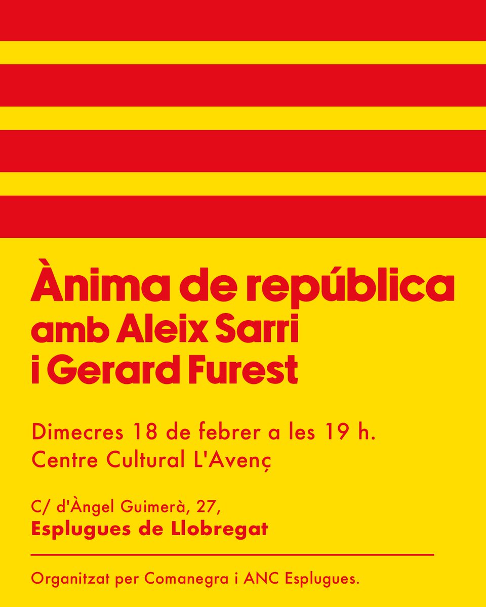 Aquest dimecres a les 19h a Esplugues de Llobregat presentarem Ànima de República amb en <a href="/gerard_furest/">Gerard Furest</a>, en un acte organitzat per <a href="/OmniumEsplugues/">🎗Òmnium Esplugues🎗</a> i <a href="/ANCEsplugues/">ANC Esplugues de Ll.</a> i conversarem sobre el passat, el present i el futur del país. Us hi esperem!!!