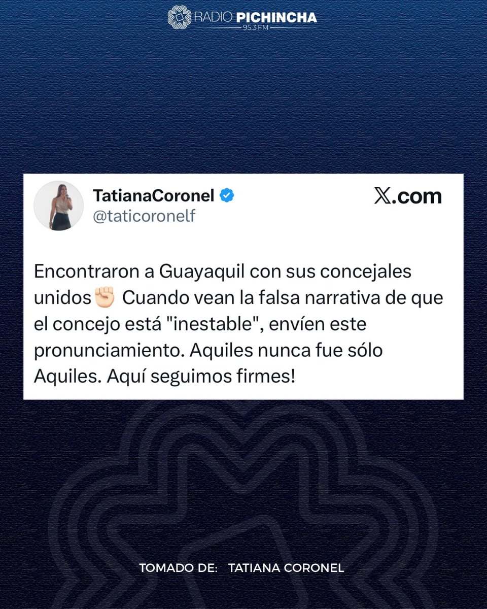 radio_pichincha's tweet photo. 🔴 #ATENCIÓN | La alcaldesa subrogante Tatiana Coronel afirmó: “Aquiles nunca fue solo Aquiles. Aquí seguimos firmes”, luego del comunicado de los concejales de Guayaquil, quienes expresaron su respaldo y desmintieron versiones sobre un presunto proceso de revocatoria. https://t.co/DpoBB8RSHJ