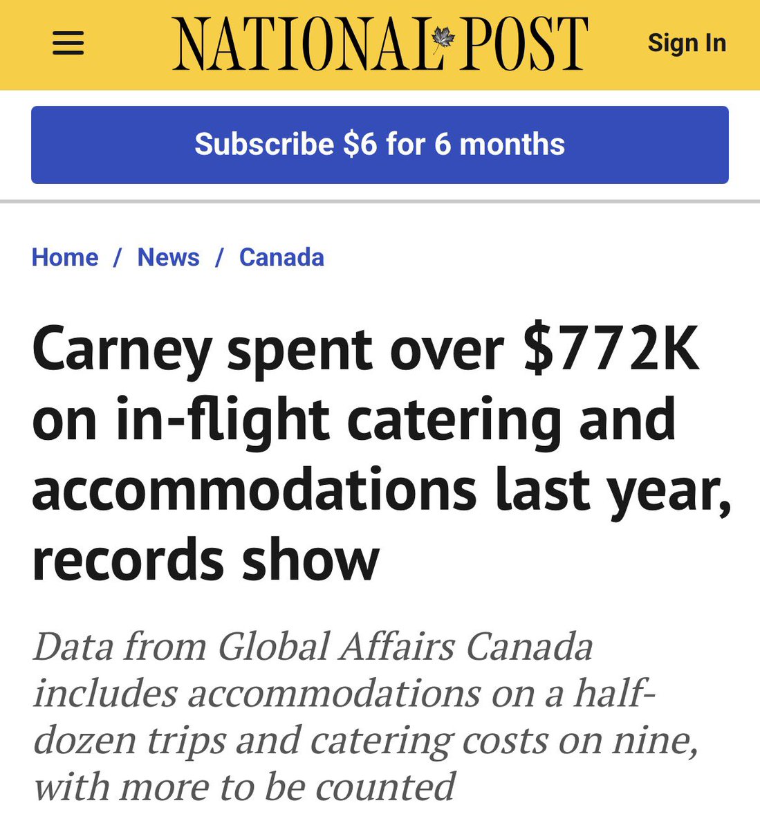 🚨 Canadians are told to cut their carbon footprint…

Meanwhile, headlines show lavish travel bills and multi-million-dollar homes while families struggle to afford groceries.

“Make Sacrifices” from the PM who spent $ 770K  on inflight catering and accommodations <a href="/MarkJCarney/">Mark Carney</a>