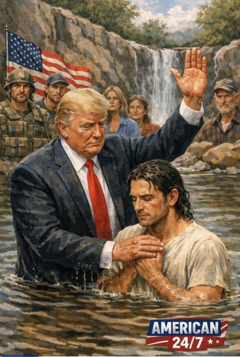 Kveldens Fromreide: Trump, ikledd dress og slips, har forvilla seg midt ut i ei elv. Der døyper han Jesus(?) som levde for 2000 år sidan. ICE-soldatar står vakt! Hadde Jesus dukka opp i USA i dag, hadde han blitt brutalt arrestert av ICE og sendt ut av landet.