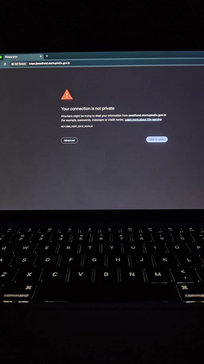 chary_3's tweet photo. The Startup India Seed Fund website is currently inaccessible for many of us due to a security certificate issue (NET::ERR_CERT_DATE_INVALID).

 Requesting the technical team at @startupindia to look into this immediately.

​@CimGOI @PiyushGoyal @investindia @narendramodi https://t.co/LQzxgtOmQG