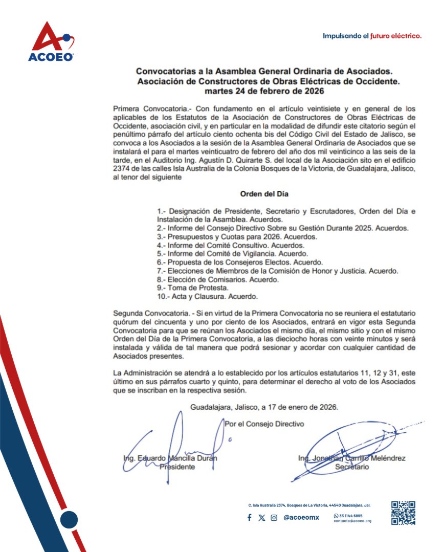 Estimado ASOCIADO ACOEO, te invitamos a acompañarnos este próximo 24 de febrero en nuestra Asamblea General Ordinaria para la presentación del Informe de Resultados 2024-2026.

Regístrate aqui: forms.gle/yPwMeHU4VLskzA…