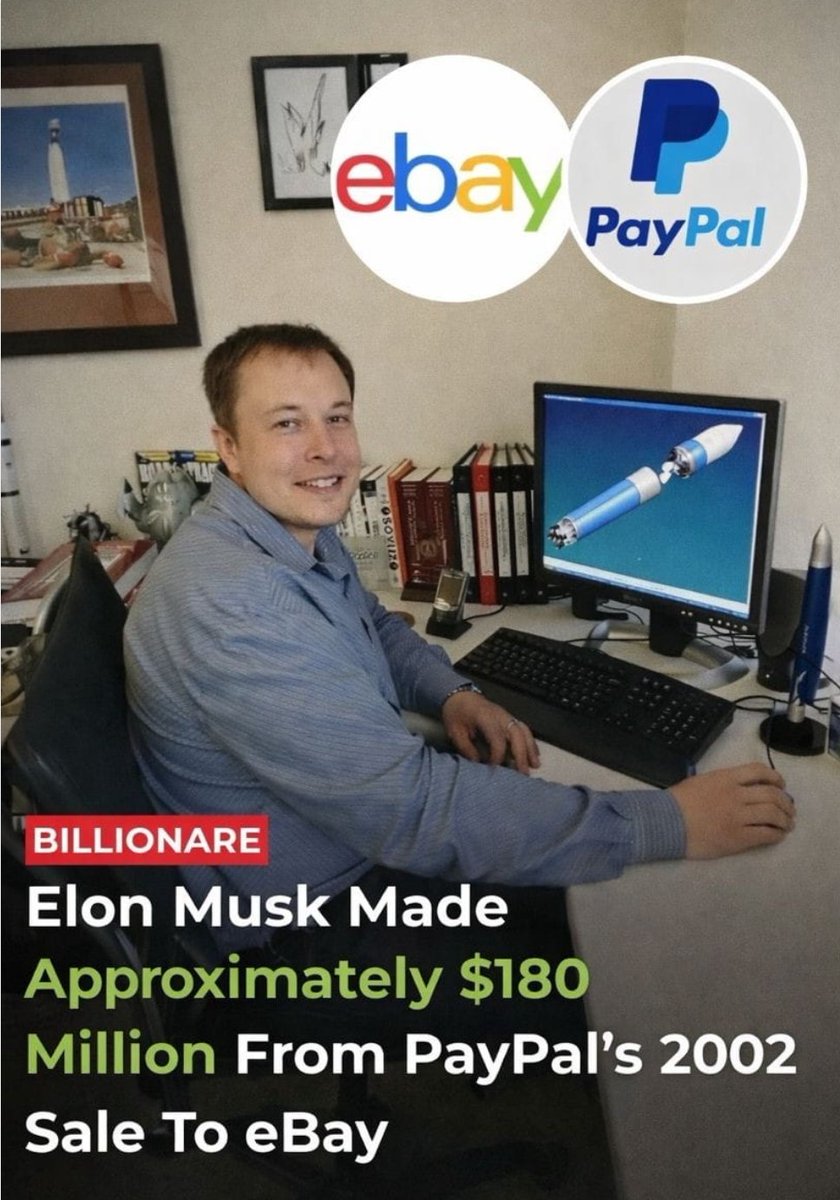 Szymansk_ii's tweet photo. 🚨In 2002, when Elon Musk sold PayPal to eBay, he walked away with roughly $180 million.

For most people, that would have been the finish line.

For him, it was starting capital.
Instead of protecting the win, he reinvested it into bigger risks — new industries, new ideas, and problems most people wouldn’t touch.

That capital helped fuel companies that would later push electric vehicles mainstream, expand private space exploration, and challenge global infrastructure.

The PayPal sale wasn’t the peak.
It was leverage.

Big money doesn’t always signal the end of the journey.

Sometimes it’s just proof that you’re ready to build something even larger.

$180 million wasn’t the destination.
It was the foundation.

When Elon Musk made $180M from PayPal in 2002, he reinvested instead of retiring.

What would you do?
A) Secure the bag & retire
B) Reinvest into a bigger vision
C) Diversify & play it safe
D) Go all-in on Bitcoin and Altcoins