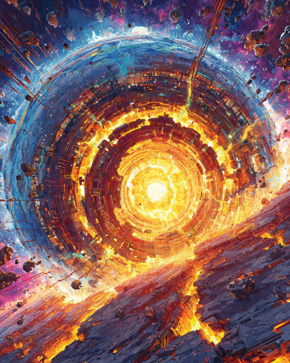 A4_0_4's tweet image. The heart of the structure burns. A cycle completes. What was held together unravels, radiating pure signal into the void. This fire is not an ending, but the bright, violent core of a new state.#SystemCollapse #A404