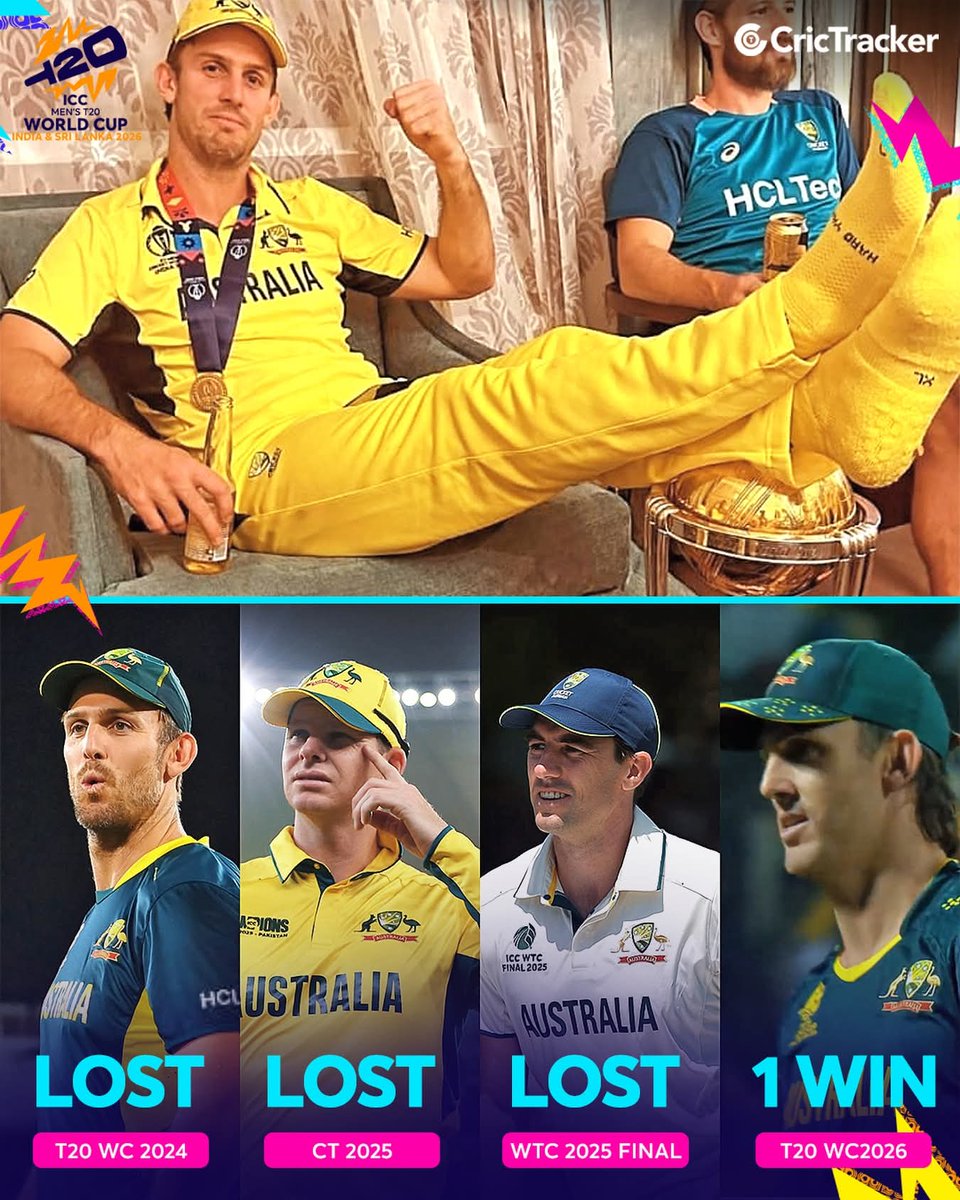 IdreesKhan88's tweet photo. One should not be arrogant, this all happened because of his own arrogance

Australia after winning World Cup 2023 in India

❌Knocked out of T20 World Cup 2024
❌Lost CT 2025 semifinal against India
❌Lost WTC 2025 Final against South Africa
❌On the verge of elimination from https://t.co/lWTDzV0wA4