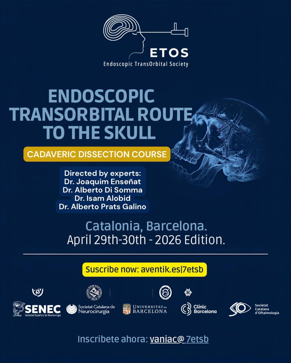 EtosSome's tweet photo. 🧠 ENDOSCOPIC TRANSORBITAL ROUTE TO THE SKULL BASE 
📍 Barcelona, Catalonia
📅 April 29–30, 2026

🤝 We will continue collaborating to deliver the highest-level educational courses.

🔗 Subscribe: https://t.co/nsDY8mr3J8

#EndoscopicTransorbitalSociety #EndoscopicSurgery https://t.co/qZB8SLBF2d