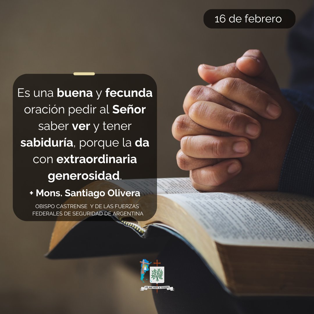 #MíGuíaMiFe
Es una buena y fecunda oración pedir al Señor saber ver y tener sabiduría, porque la da con extraordinaria generosidad.
+Santiago Olivera
Obispo Castrense y para las FFSS de Argentina