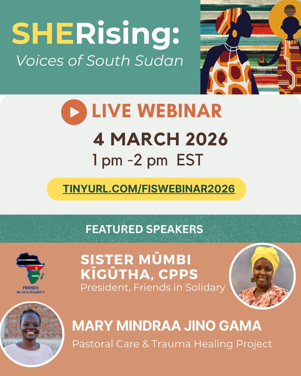 Women are shaping peace and community life in South Sudan every day. Join Friends in Solidarity for SheRising, an online webinar lifting up stories of faith, healing, education, and leadership.

Register: buff.ly/NIwgxbh

#SheRising #FiS #FaithInAction