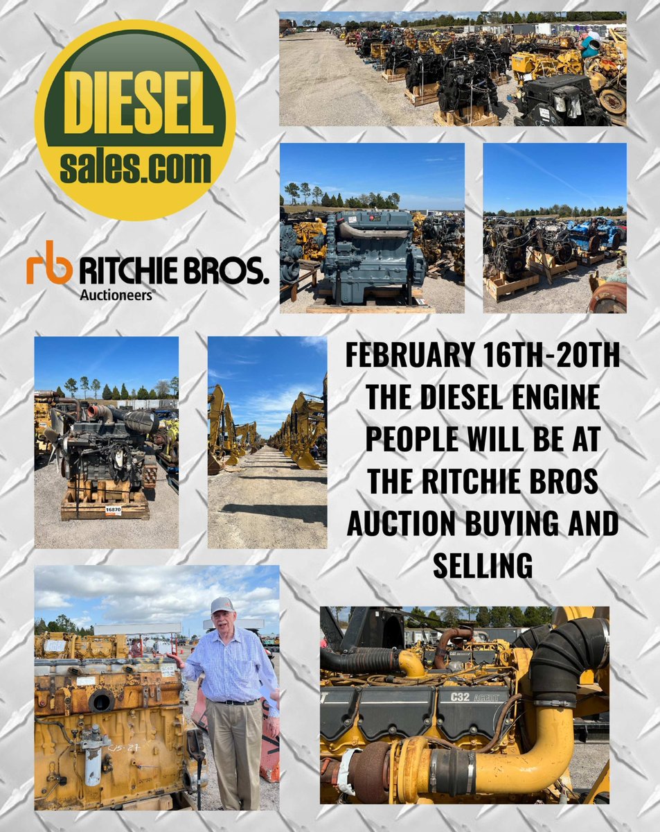 DieselPeople's tweet photo. Starting today we are going to be at the Ritchie Bros Auction all week! Its located in Davenport, FL. Don't forget to stop by!

TheDieselEnginePeople@DieselSales.com

#RBOrlando2026 #dieselsales #dieselengines https://t.co/ni79CYecw7