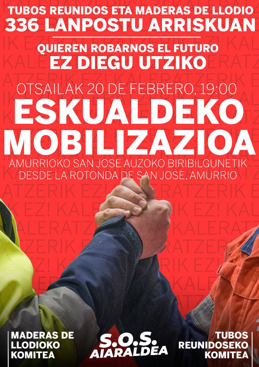 🔴 301 lanpostu arriskuan Tubos Reunidosen eta beste 35 Maderas de Llodion. Etorkizuna lapurtu nahi digute, baina ez diegu utziko. 

🔊🔊 ESKUALDEKO MOBILIZAZIOA 🔊🔊

🗓️ Otsailak 20 de febrero

🕖 19:00

📍 Amurrioko San Jose auzoko biribilgunetik 

Aiaraldea defenda dezagun! ✊
