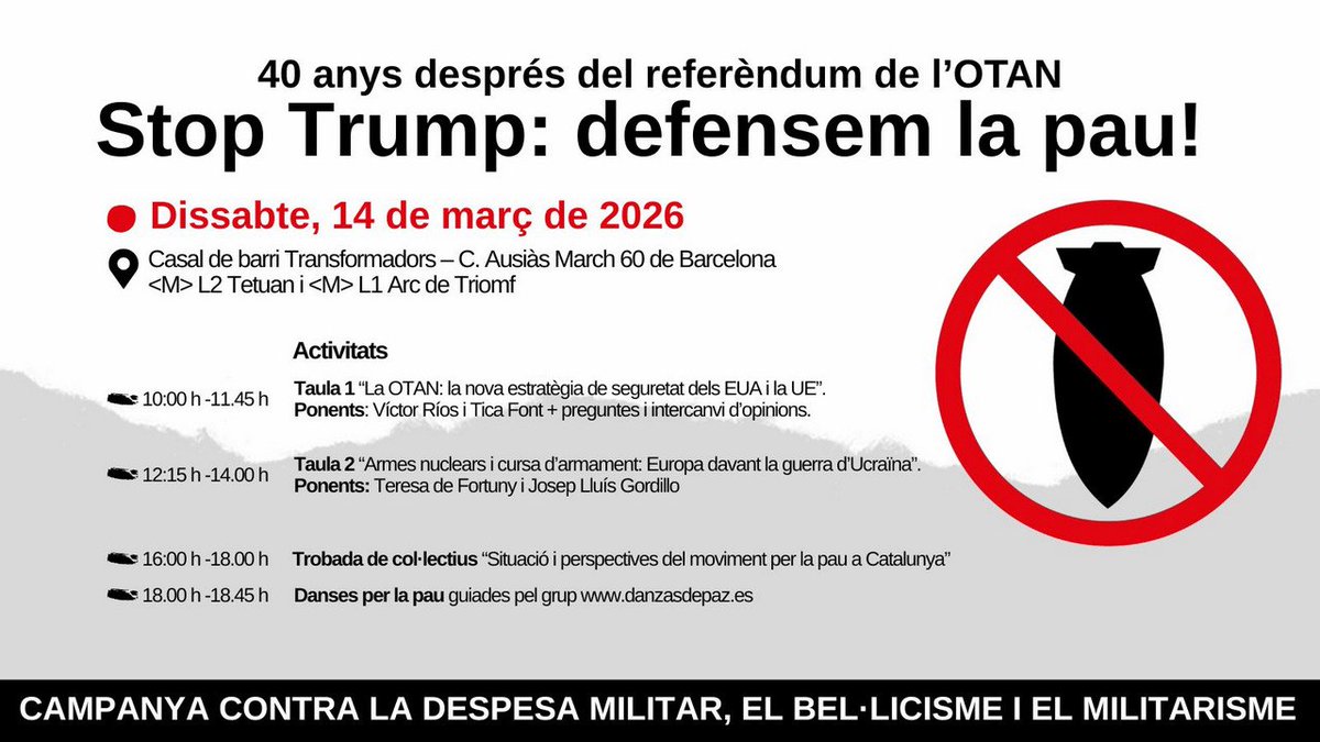 📢 Jornada #StopTrump #defensem la #Pau 🕊️
📆 Dissabte 14 de març 
🕰️ De 10h a 18:45h
📍Casal dels Transformadors, Barcelona
Us hi esperem!