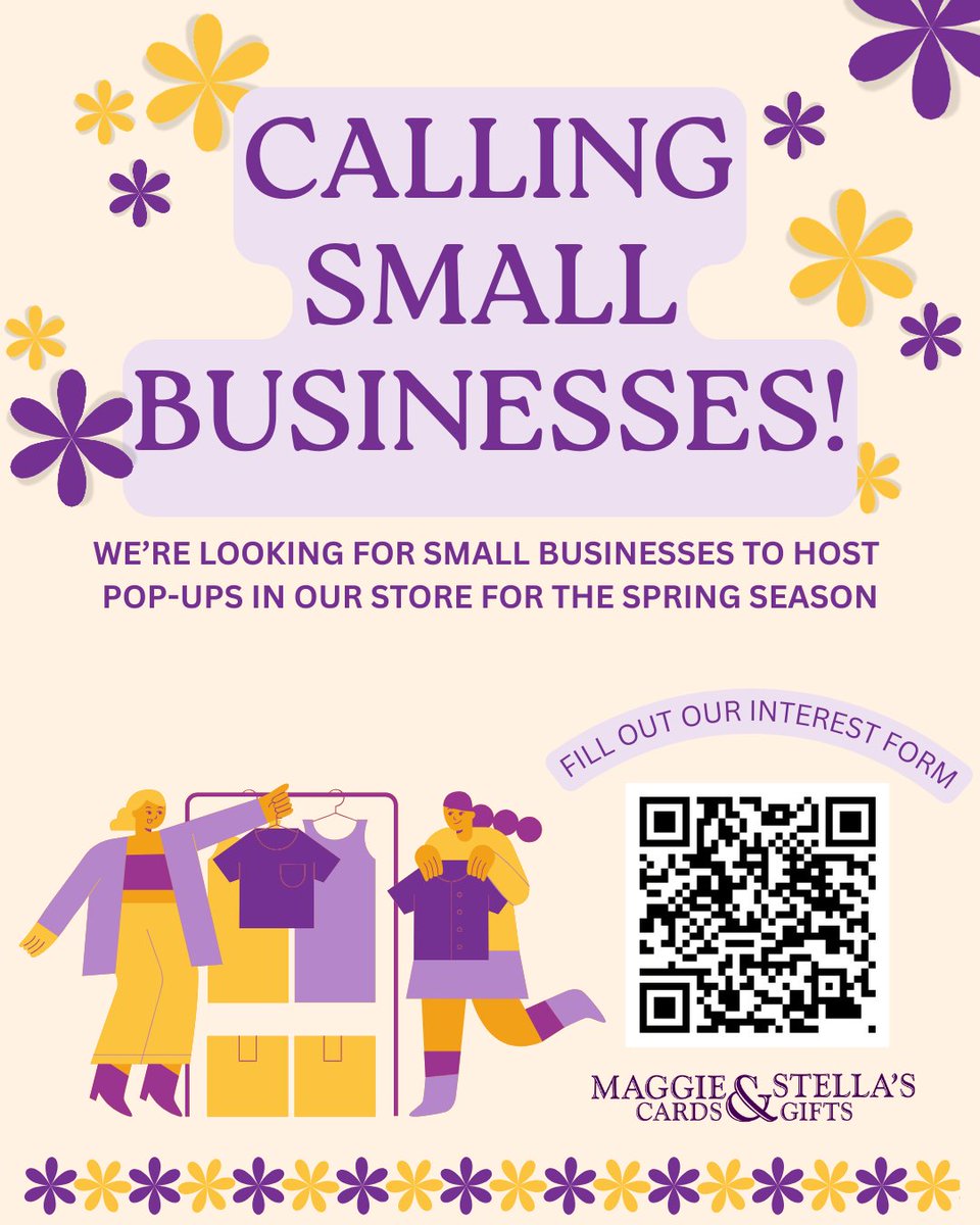 Calling all small local businesses! 🌸 Interested in hosting a pop-up inside Maggie &amp; Stella’s this spring semester? We’d love to showcase your products in-store! Scan the QR code or click the link in our bio to fill out the interest form. 📲 #MaggieAndStellas #H2P
