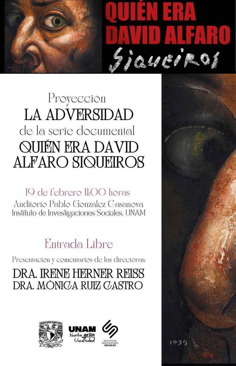 ⭐️ ¡No te puedes perder: La adversidad. De la serie documental: ¿quién era David Alfaro Siqueiros?! ⭐️ 

En el marco de la Exposición: "Siqueiros. Encarcelar la llamarada". Contaremos con la presencia de sus directoras: Irene Herner Reiss y Mónica Ruiz Castro.

¡Acompáñanos!