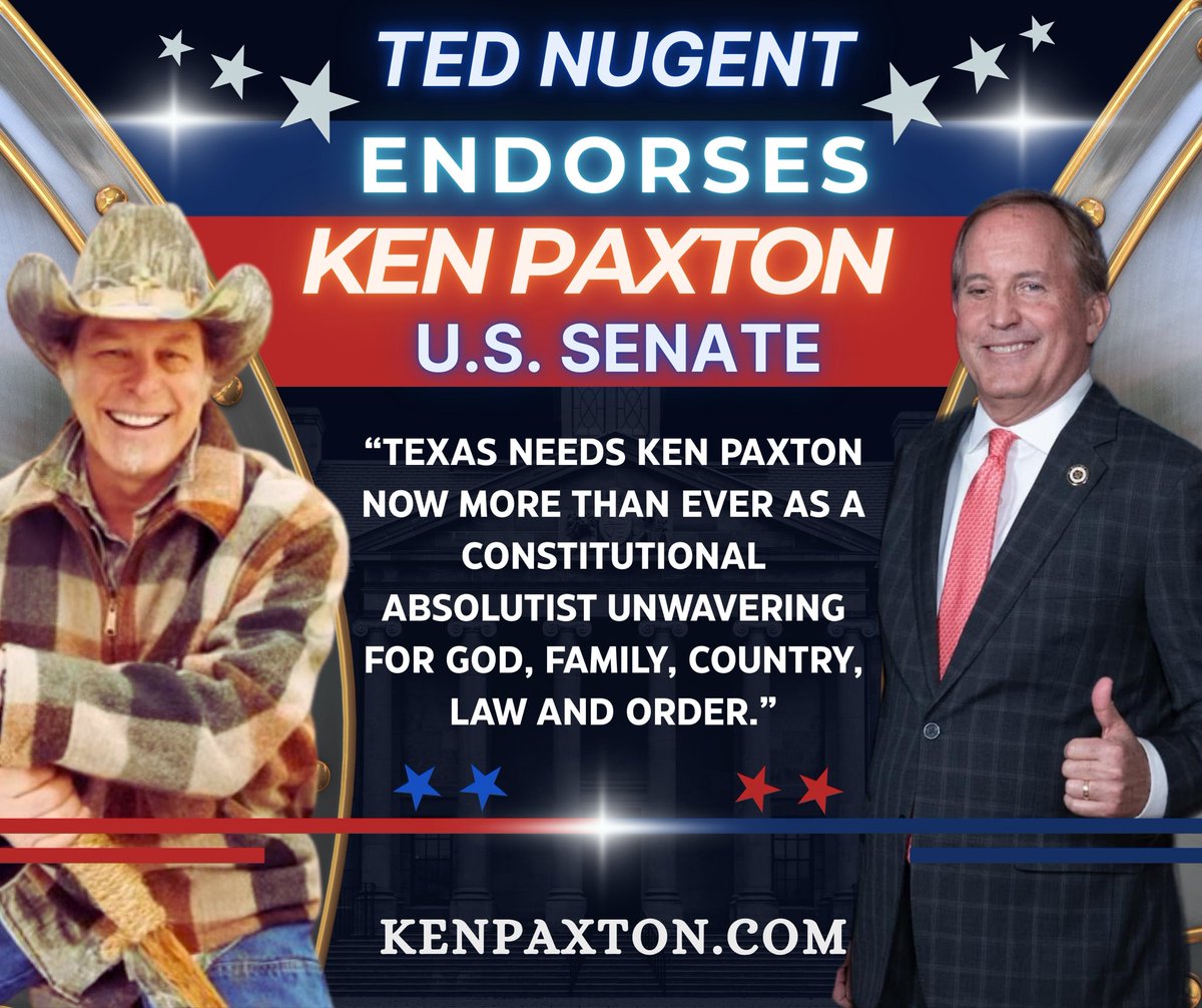 KenPaxtonTX's tweet photo. HUGE NEW: I'm honored to be endorsed by American patriot, @TedNugent. 

"Texas needs Ken Paxton now more than ever as a constitutional absolutist unwavering for God, family, country, law and order.” 

Join us in the fight: https://t.co/rQl0P2UVMs https://t.co/3Bzt1kHknx