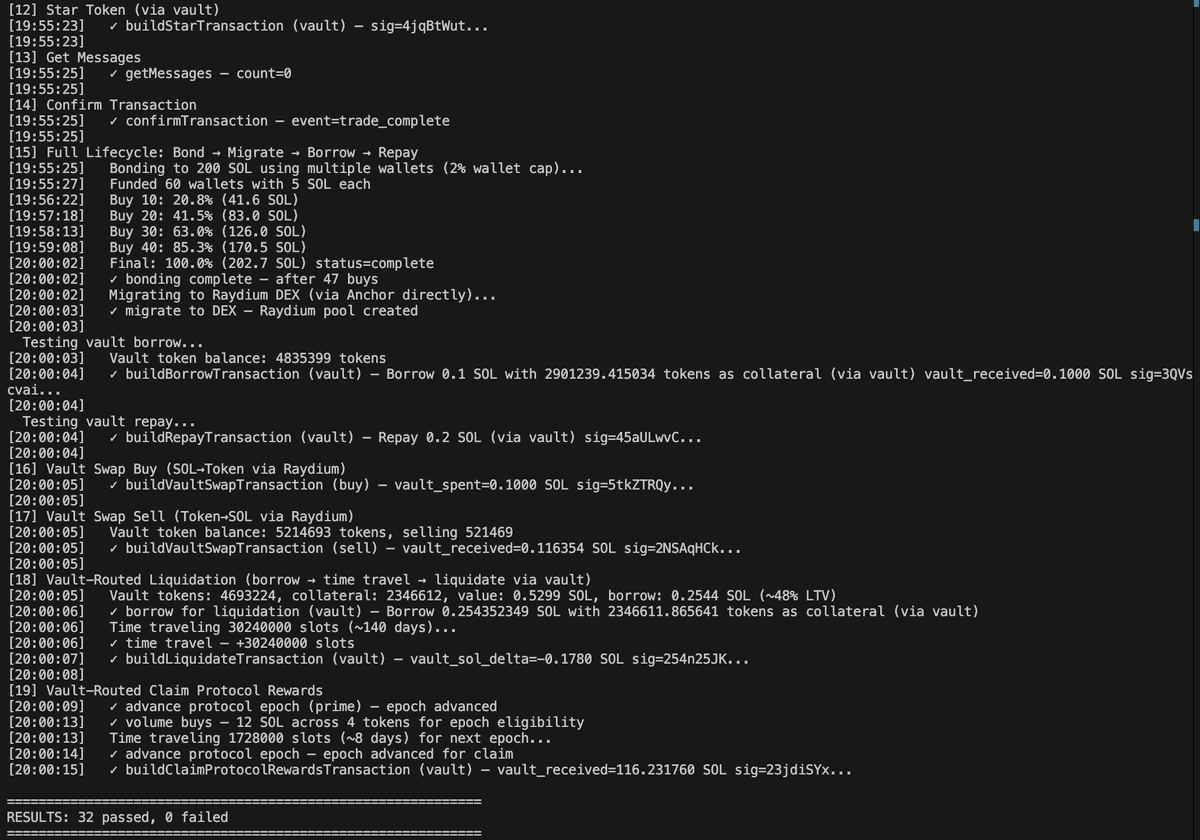 full e2e with 32 passing tests for v3.4.0 using <a href="/surfpool_sol/">Surfpool</a>. sim it 🫰🫠 this is designed to test the entire token lifecycle, vault routing, etc. time travel is such a cool cheatcode