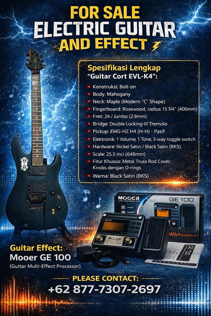 FOR SALE!!
Electric Guitar + Guitar Effect

Open Range IDR 3.5 mio (nego)
Please contact: +6287773072697

Location: Kediri-Tabanan, Bali