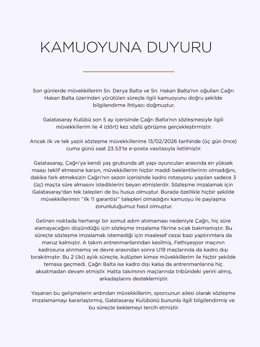 TekYolFener's tweet image. Çağrı Balta'nın avukatından açıklama.

"Galatasaray, Çağrı’ya kendi yaş grubunda alt yapı oyuncuları arasında en yüksek maaşı teklif etmesine karşın, müvekkillerim hiçbir maddi beklentilerinin olmadığını, dakika fark etmeksizin Çağrı’nın sezon içerisinde kadro rotasyonu yapılan