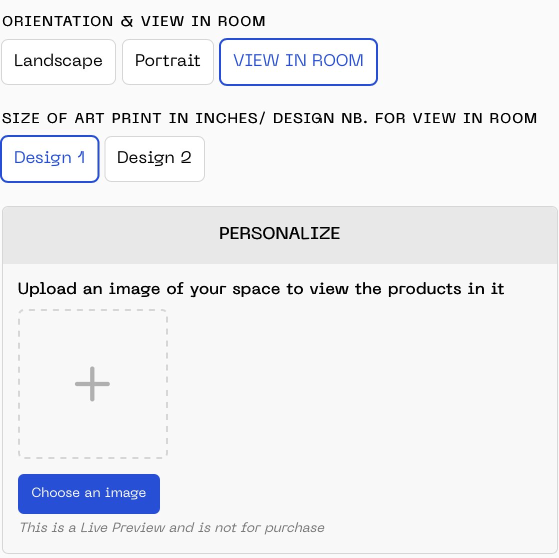 Hey guys, we are going to add a 'View In Room' button so that you can see the art prints in your space! This will help you decide whether something will work or clash before you purchase. Will be available for Wall Art AND Home Decor. Coming Soon!!!