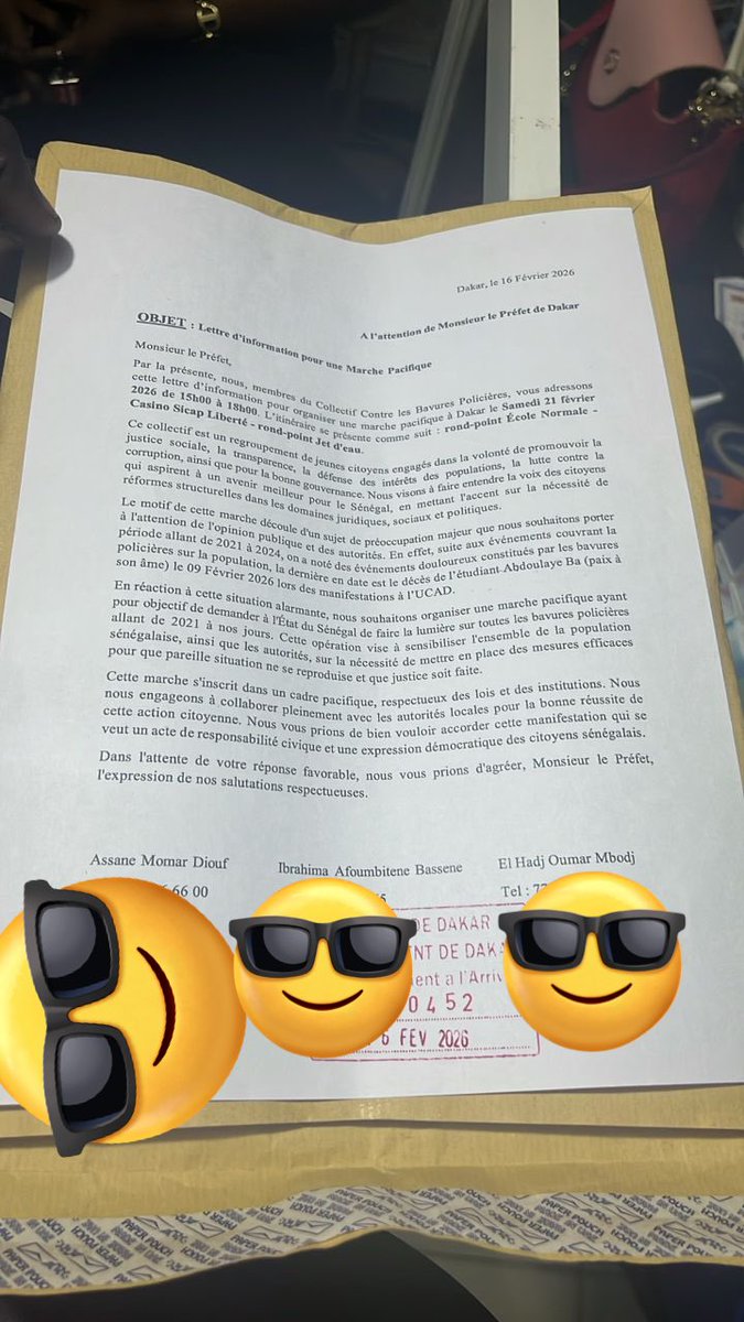 ‼️ Nous informons l’opinion publique que la lettre d’information relative à une marche pacifique contre les bavures policières pour le 21 février 2026 a été officiellement déposée ce 16 février 2026 à la Préfecture de Dakar.

Cette marche vise à dénoncer les bavures policières,