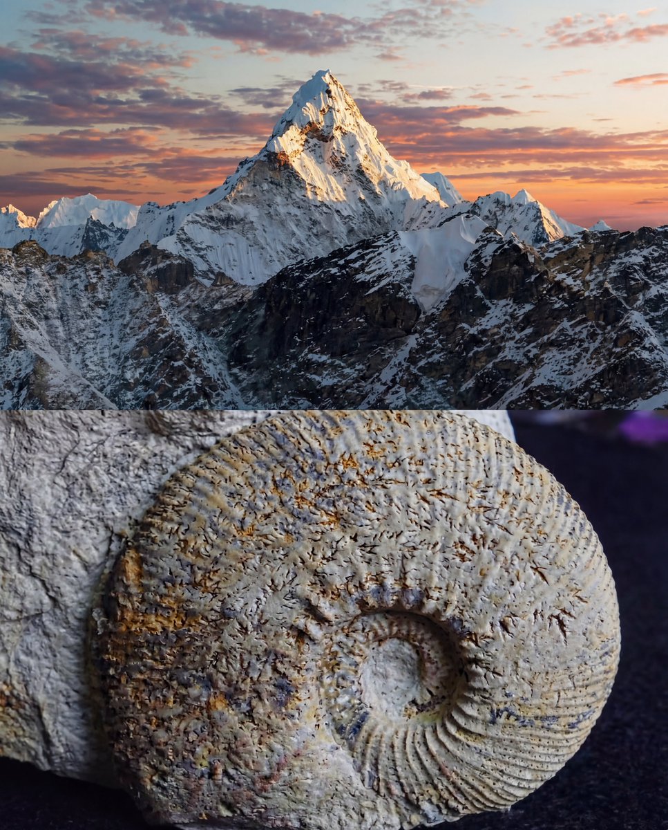MAstronomers's tweet image. 🚨 On Mount Everest, marine limestone and fossils of cephalopods, trilobites, brachiopods etc, have been found, indicating that the highest point on Earth was once part of the ocean floor.