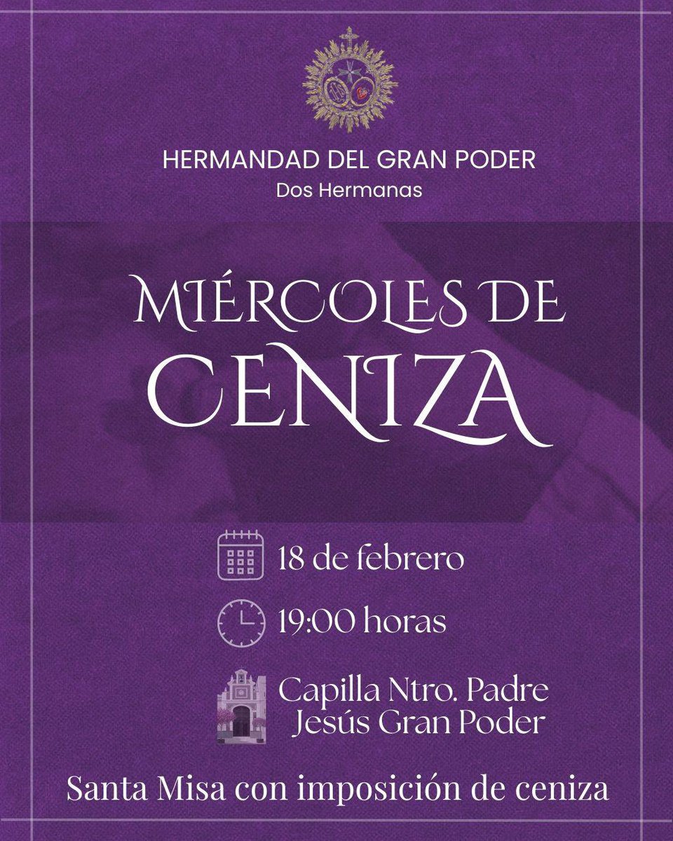 MIÉRCOLES DE CENIZA |

Este Miércoles día 18 de febrero a las 19:00 horas, y como inicio del tiempo de Cuaresma, celebraremos Santa Misa en nuestra Capilla con imposición de ceniza. Invitamos a todos los hermanos y devotos a participar de la misma.