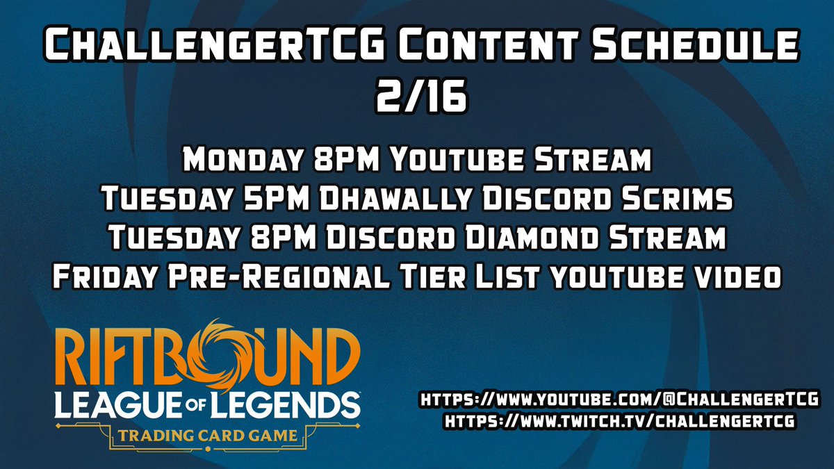 Our content schedule for the week. Tuesday 2/17 at 5PM EST <a href="/ShawnDTCG/">Dhawally</a> will be making an appearance in our discord running games against Collin! Tons of excitement leading up to the Bolognia Regional this weekend 😃 #Riftbound
