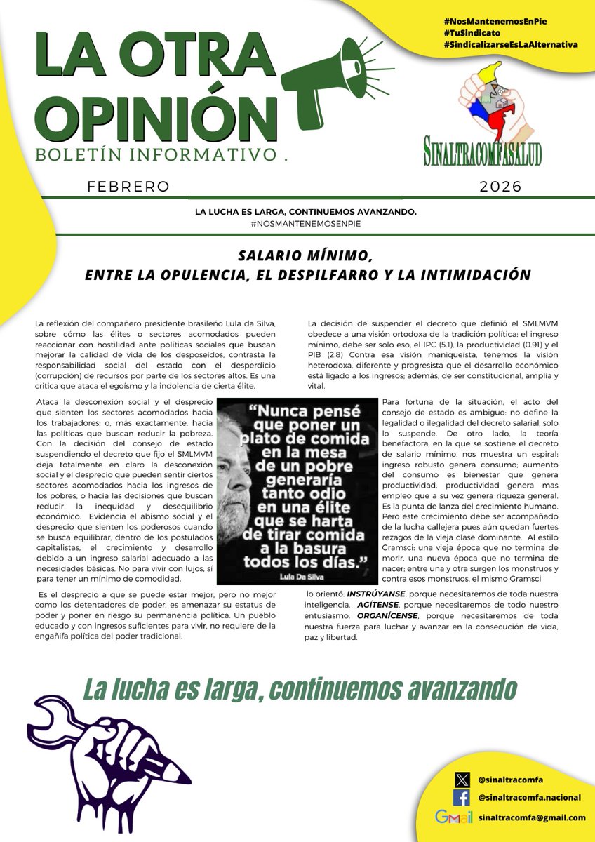 Sólo el pueblo salva el pueblo... 
Jueves 18 de febrero, todos a la calle a defender el salario mínimo vital y móvil.  Y el día internacional de la mujer, votar dos veces Pacto Histórico
#NosMantenemosEnPie  
#TuSindicato 
#sindicalizarseeslaalternativa 
facebook.com/share/p/17QTLs…