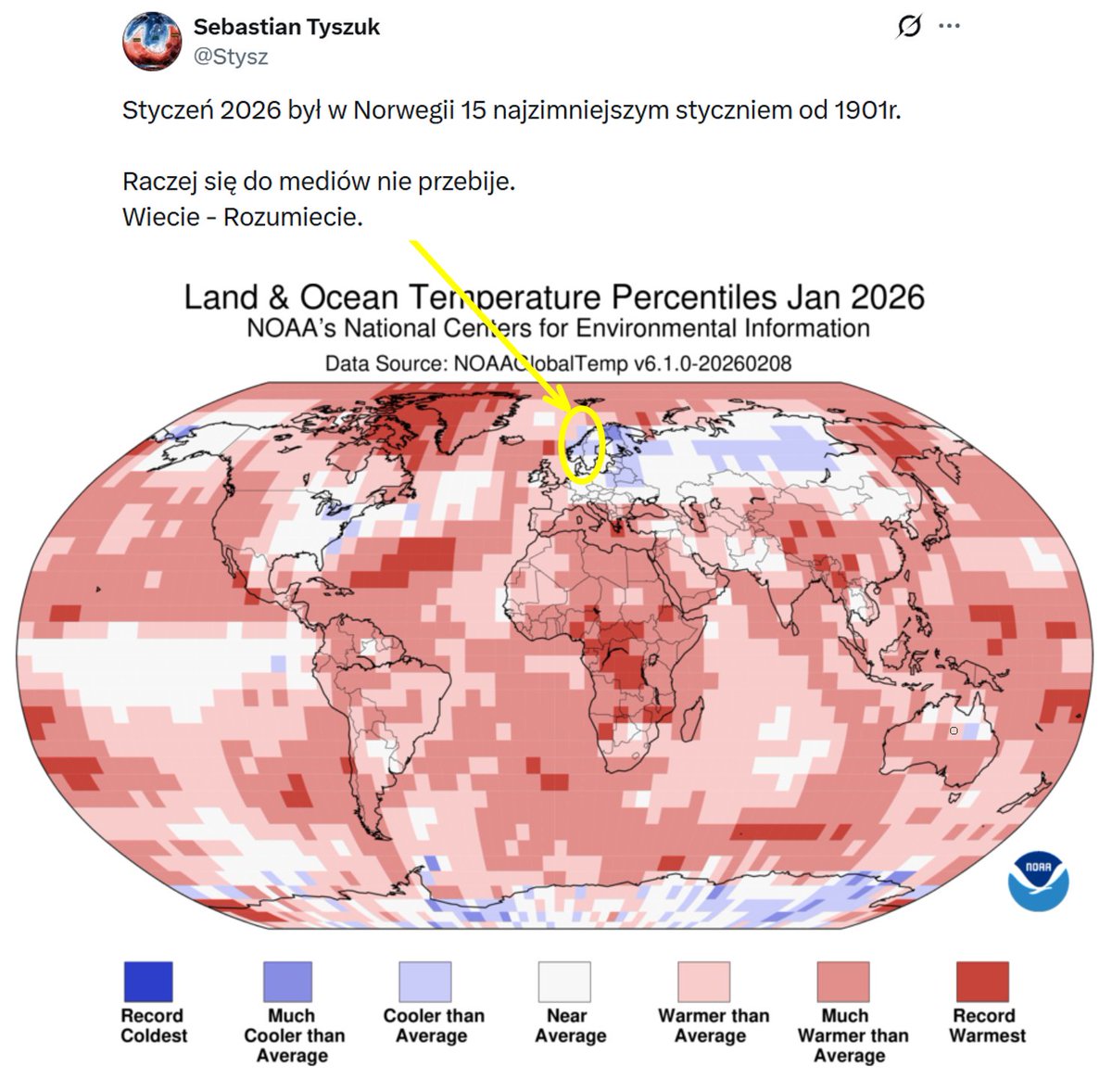 robert900r's tweet photo. W styczniu 2026 roku na 7% powierzchni Ziemi odnotowano nowe rekordy ciepła. W Afryce odnotowano najcieplejszy styczeń w historii pomiarów. Ale dla denialistów najważniejsze jest to, że do mediów nie przebił się 15 najzimniejszy styczeń w Norwegii🙃
Czego nie rozumiecie? https://t.co/DJ49fBm2uf