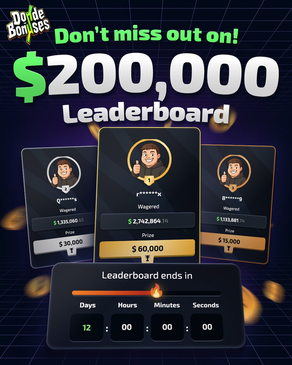 💸$200,000 Monthly Leaderboard Ending In 12 Days! ($60,000 TOP PRIZE!)💸 

Sign Up Under Code 'Donde' On Stake to Join The Race! - stake.com/?c=789720c85d 

Check Leaderboard Here: dondebonuses.com/leaderboard

🔥 DONDEBONUSES $250 GIVEAWAY 🔥

1. RT + FOLLOW + TAG 2 FRIENDS
2. Sign