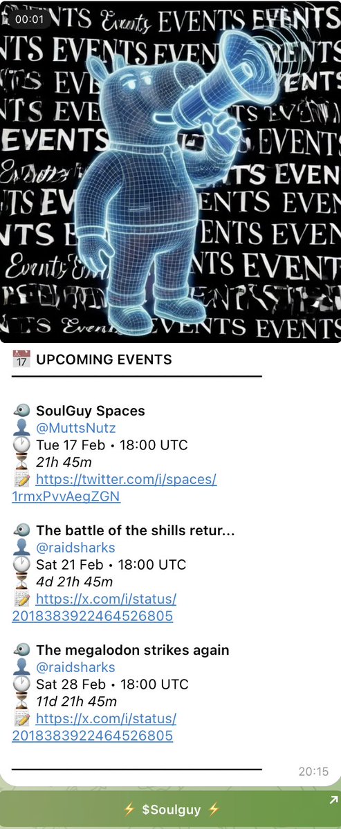 Another custom bot made for the <a href="/SoulGuySolana/">SoulGuy</a> team. This one allows admin to use this bot as an event calendar which is pushed into their main TG. A great way to let people know whats happening without having to use the TG timer. Events can be cancelled, changed and updated all