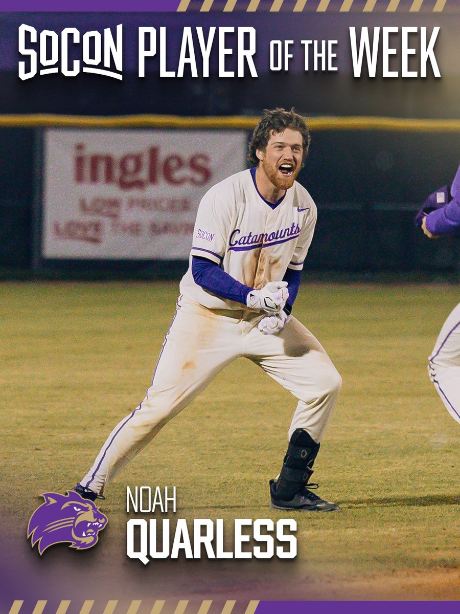 .<a href="/Catamounts/">Western Carolina Athletics</a> Noah Quarless was today named the first <a href="/SoConSports/">The Southern Conference</a> Baseball Player of the Week, after collecting a pair of walk-off game-winners in the sweep of George Washington. Quarless had five RBI. WCU visits USC Upstate on Tuesday @ 3 pm.

READ MORE: tinyurl.com/2s437kt4
