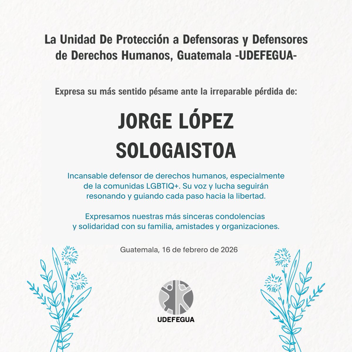 Hoy, despedimos a <a href="/JORGESOLOgt/">Jorge Solo</a> Jorge López Sologaistoa. Incansable defensor de los derechos humanos y de la comunidad LGBTIQ+. 🏳️‍🌈🏳️‍⚧️💐

​Su voz seguirá resonando en nuestra historia y su lucha guiará cada paso hacia un futuro más libre.