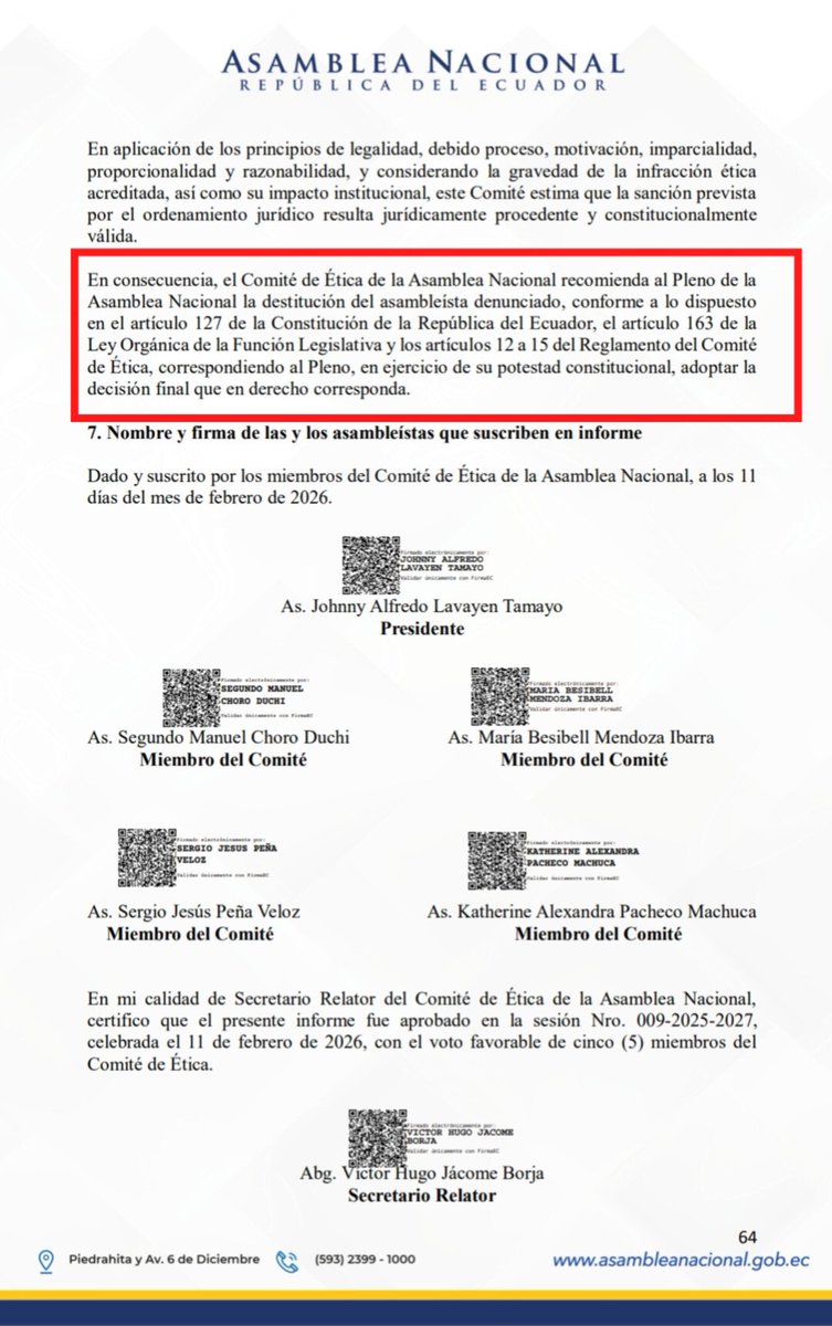 #AlertaPanas
El martes 24 de febrero, el Pleno de la Asamblea Nacional conocerá el informe del Comité de Ética, el cual recomienda la destitución del asambleísta Juan Andrés González debido a una denuncia presentada por la asambleísta Ana Belén Tapia por un presunto cobro de