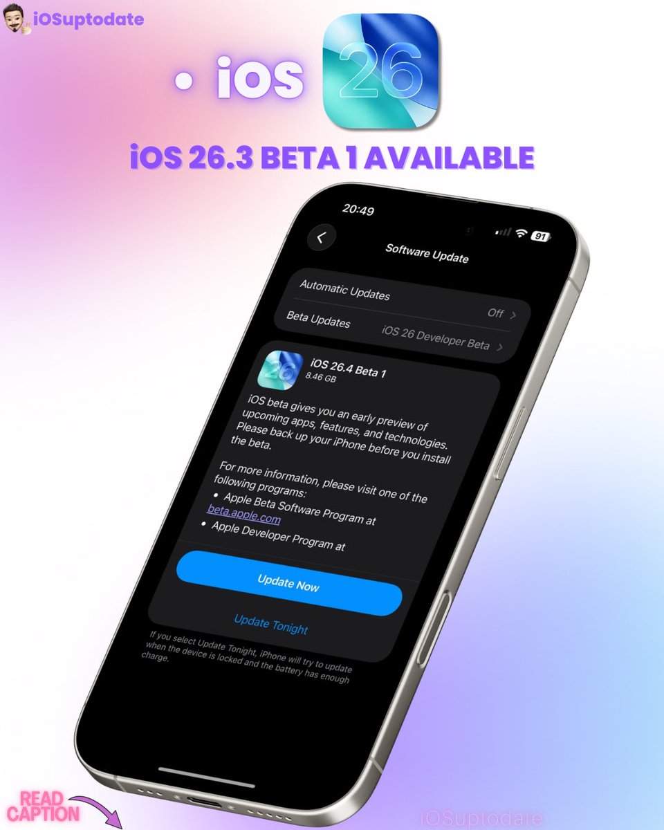 iosuptodate's tweet photo. Apple has released iOS 26.4 beta 1 🚨
#iOS264 #Siri #iPhone17e #AppleiOS https://t.co/pj9304Auuw